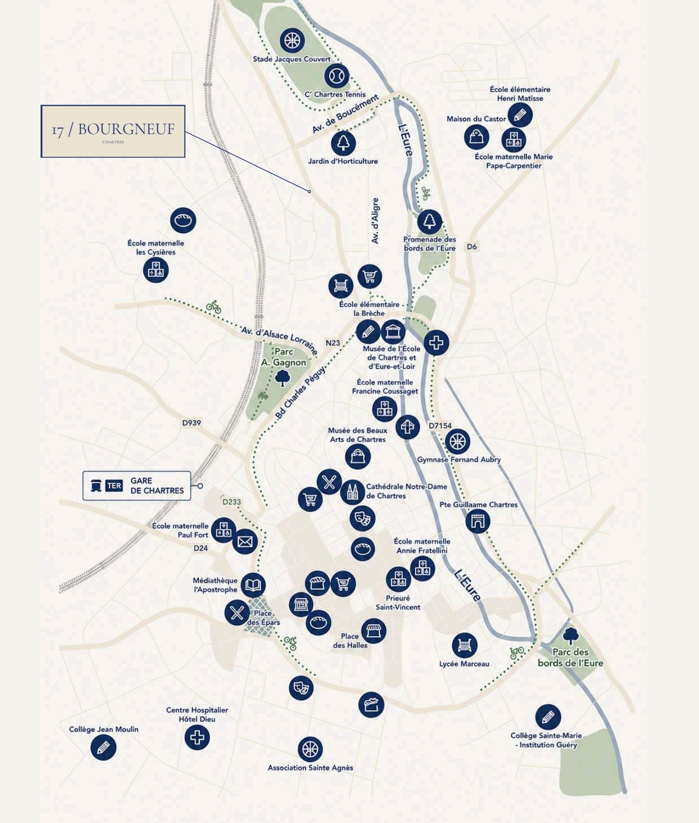 Plan du quartier de Chartres situant la résidence 17 Bourgneuf, les écoles, parcs et la gare